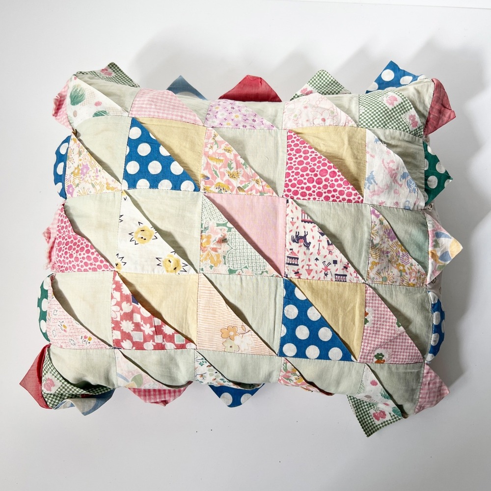 Vintage Handmade Patchwork Quilt Toss Pillow Multicolor Prairie Point Trim Folk